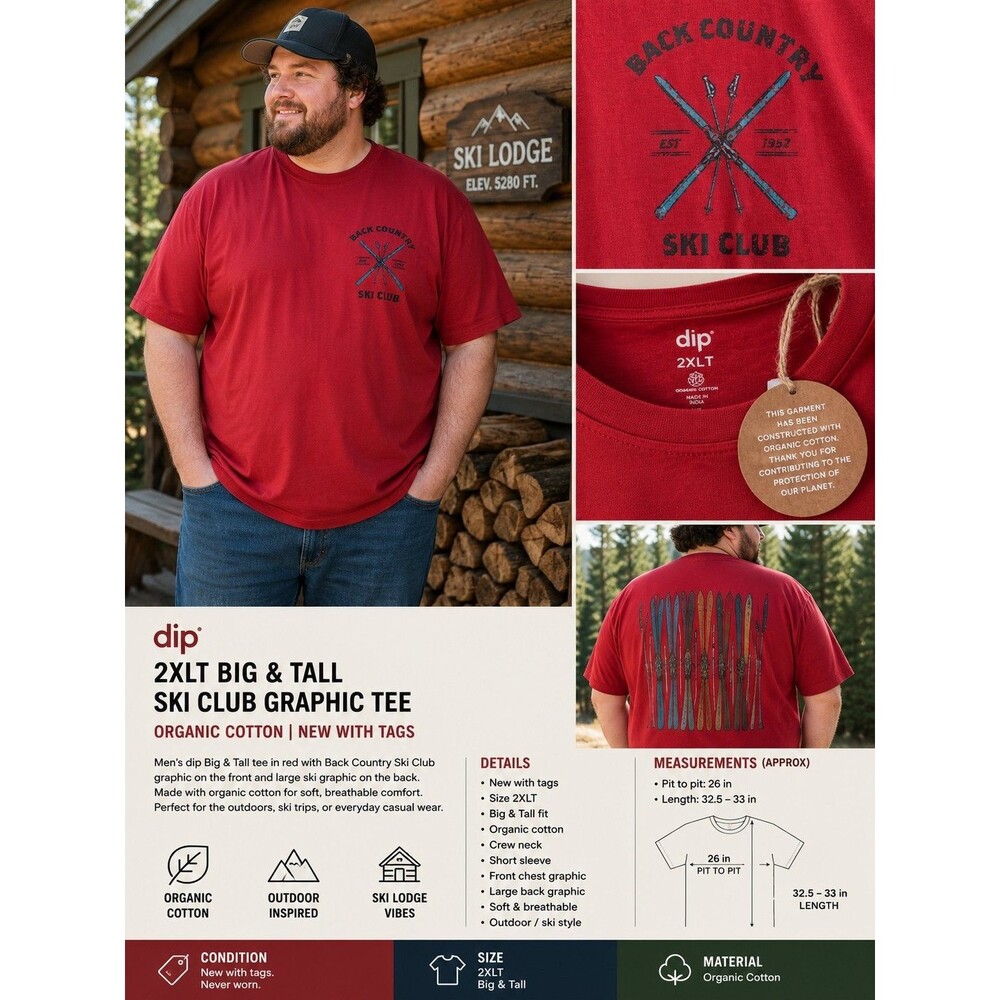 Men's 2XLT Big Tall Organic Cotton Ski Graphic T Shirt Red Back Country NWT